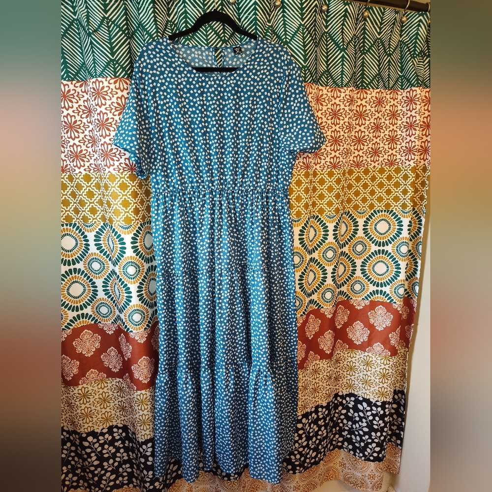 Shein Teal Ditzy Floral Tiered Maxi Dress Sz 2XL